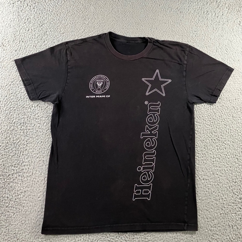 Retro Heineken T-Shirt Men M Faded Black Soccer Graphic Beer Thrashed Grunge Tee